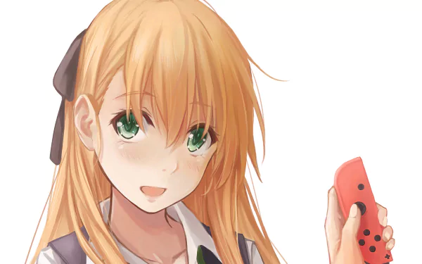 HD anime desktop wallpaper of Karen Tendou, a gamer with long blonde hair and green eyes, holding a red gaming controller.