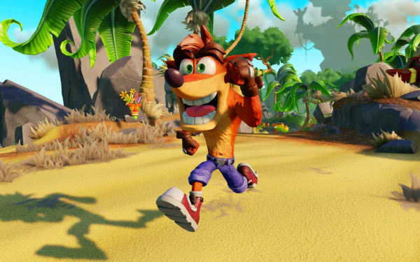 Crash Bandicoot, video game character from Crash Bandicoot N. Sane Trilogy, dashing along a sunny tropical beach — vibrant HD PC desktop wallpaper background.