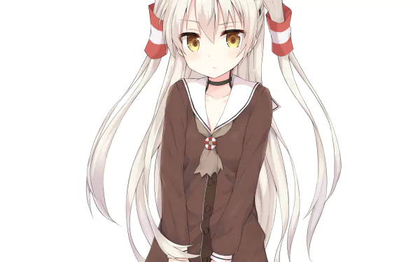 Amatsukaze from Kantai Collection (Kancolle): anime portrait with long white twin-tail hair, yellow eyes, brown sailor uniform on a clean white background — HD PC desktop wallpaper.
