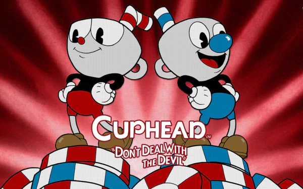HD desktop wallpaper featuring Cuphead and Mugman from the video game Cuphead, with a background of red rays and the caption Don't Deal With The Devil.
