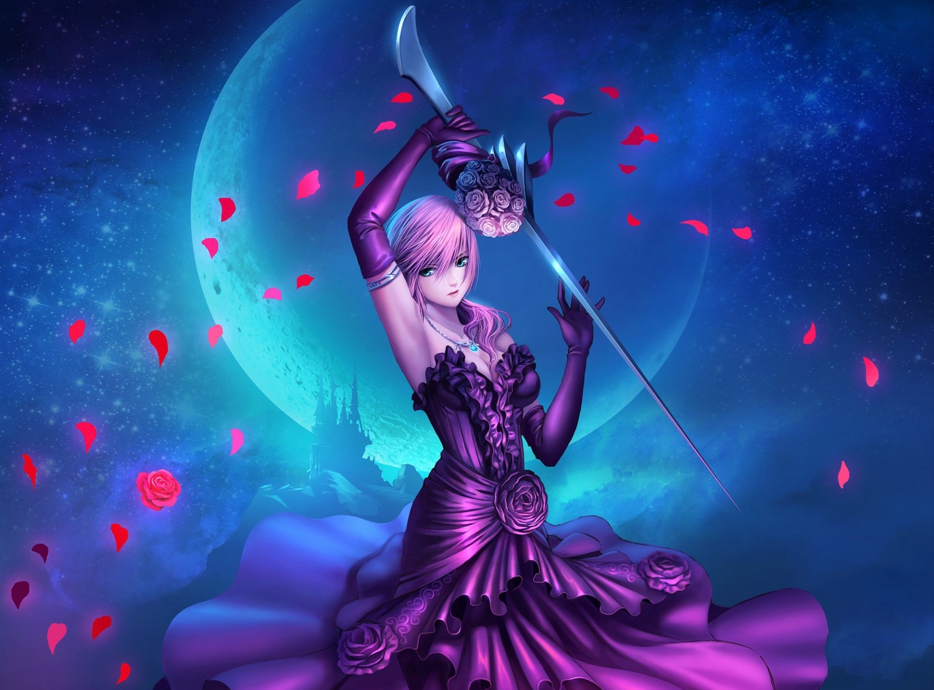 Download Aqua Eyes Purple Dress Pink Hair Woman Warrior Night Sword