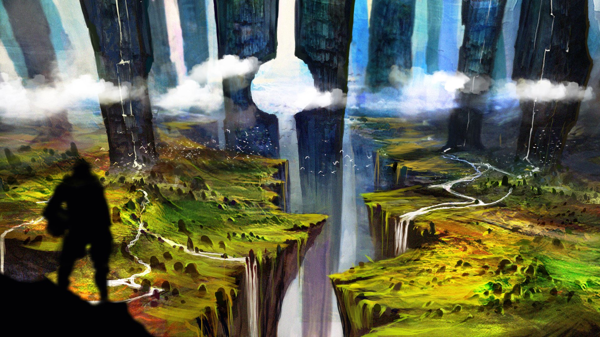 2K Quad HD PC desktop wallpaper: fantasy landscape of towering pillars, a central waterfall plunging between fractured plateaus, winding paths and a silhouetted figure.