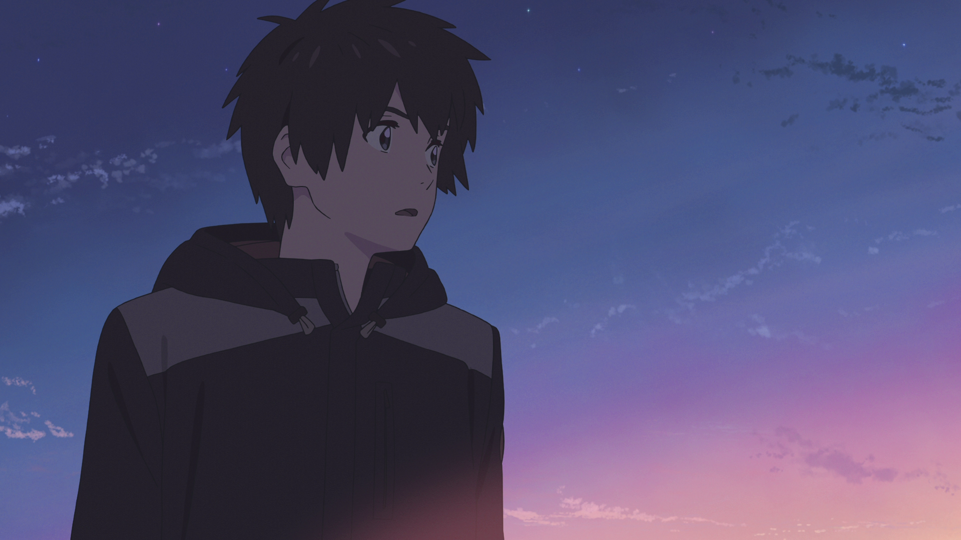 HD anime PC desktop wallpaper of Taki Tachibana (Your Name.) standing against a pink-and-blue twilight sky.
