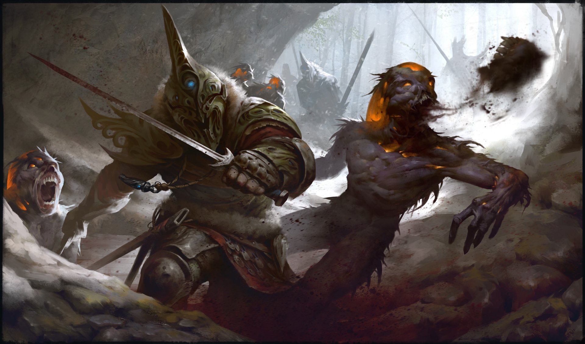 A dark warrior clad in armor battles a fiery creature deep inside a cave, captured in a vivid 4K Ultra HD PC desktop wallpaper background.