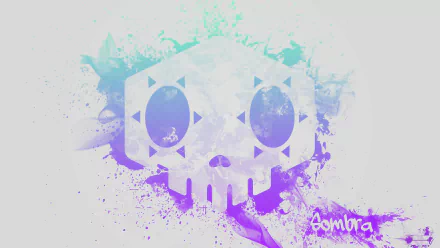HD desktop wallpaper featuring a stylized purple skull associated with Sombra from the video game Overwatch, set against an abstract, colorful background. Sombra text appears in the corner.
