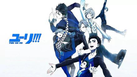 HD anime desktop wallpaper featuring Victor Nikiforov, Yuuri Katsuki, and Yuri Plisetsky from Yuri!!! on ICE in dynamic skating poses on a white background.