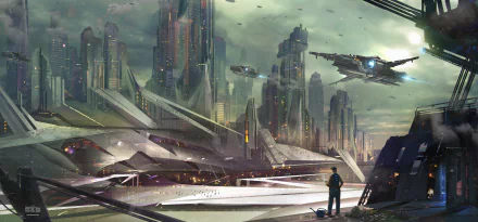 A futuristic cityscape with towering skyscrapers and sleek spaceships soaring through the sky. A lone figure stands observing the advanced architecture. This HD wallpaper captures a vivid Sci-Fi ambiance.