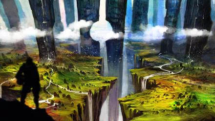 2K Quad HD PC desktop wallpaper: fantasy landscape of towering pillars, a central waterfall plunging between fractured plateaus, winding paths and a silhouetted figure.