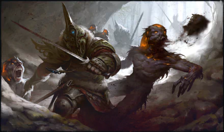 A dark warrior clad in armor battles a fiery creature deep inside a cave, captured in a vivid 4K Ultra HD PC desktop wallpaper background.