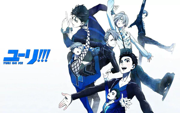HD anime desktop wallpaper featuring Victor Nikiforov, Yuuri Katsuki, and Yuri Plisetsky from Yuri!!! on ICE in dynamic skating poses on a white background.