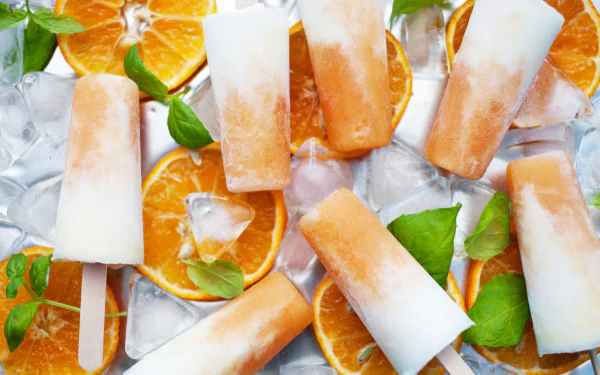 4K Ultra HD wallpaper featuring orange and cream ice cream popsicles surrounded by ice cubes and fresh orange slices, highlighting vibrant fruit and sweet treats.
