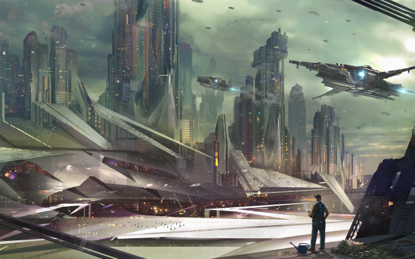 Sci Fi City Building Skyscraper Futuristic Spaceship HD Wallpaper | Background Image
