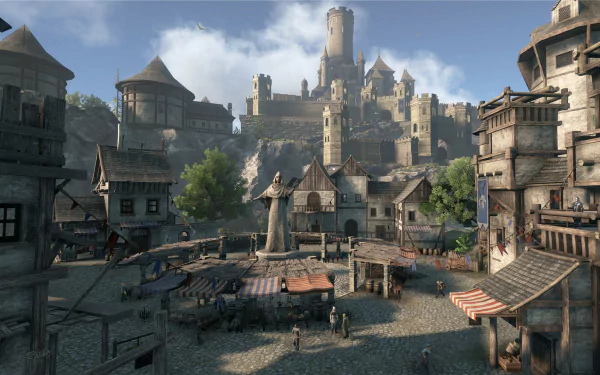 HD PC desktop wallpaper from the video game Dark and Light depicting a detailed medieval town square with stone buildings and a castle in the background.