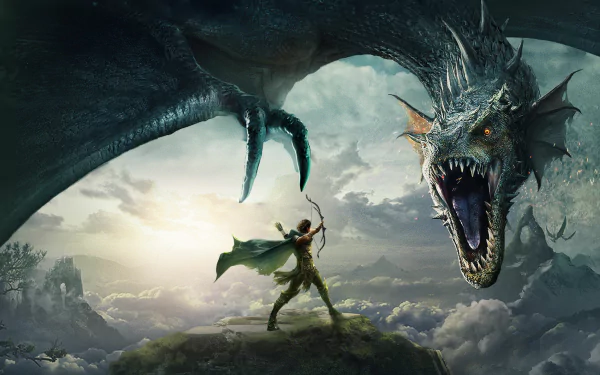 HD PC desktop wallpaper from the video game Dark and Light showing an archer facing a fierce dragon amidst a dramatic cloudy sky.
