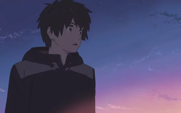 HD anime PC desktop wallpaper of Taki Tachibana (Your Name.) standing against a pink-and-blue twilight sky.