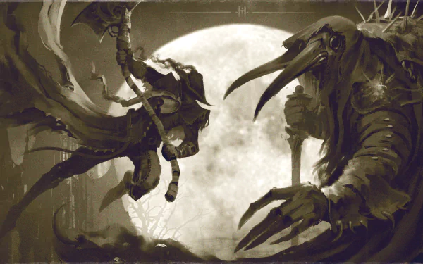 Dark warrior wielding a scythe faces a monstrous creature under a full moon in a Bloodborne-inspired 4K Ultra HD video game wallpaper.