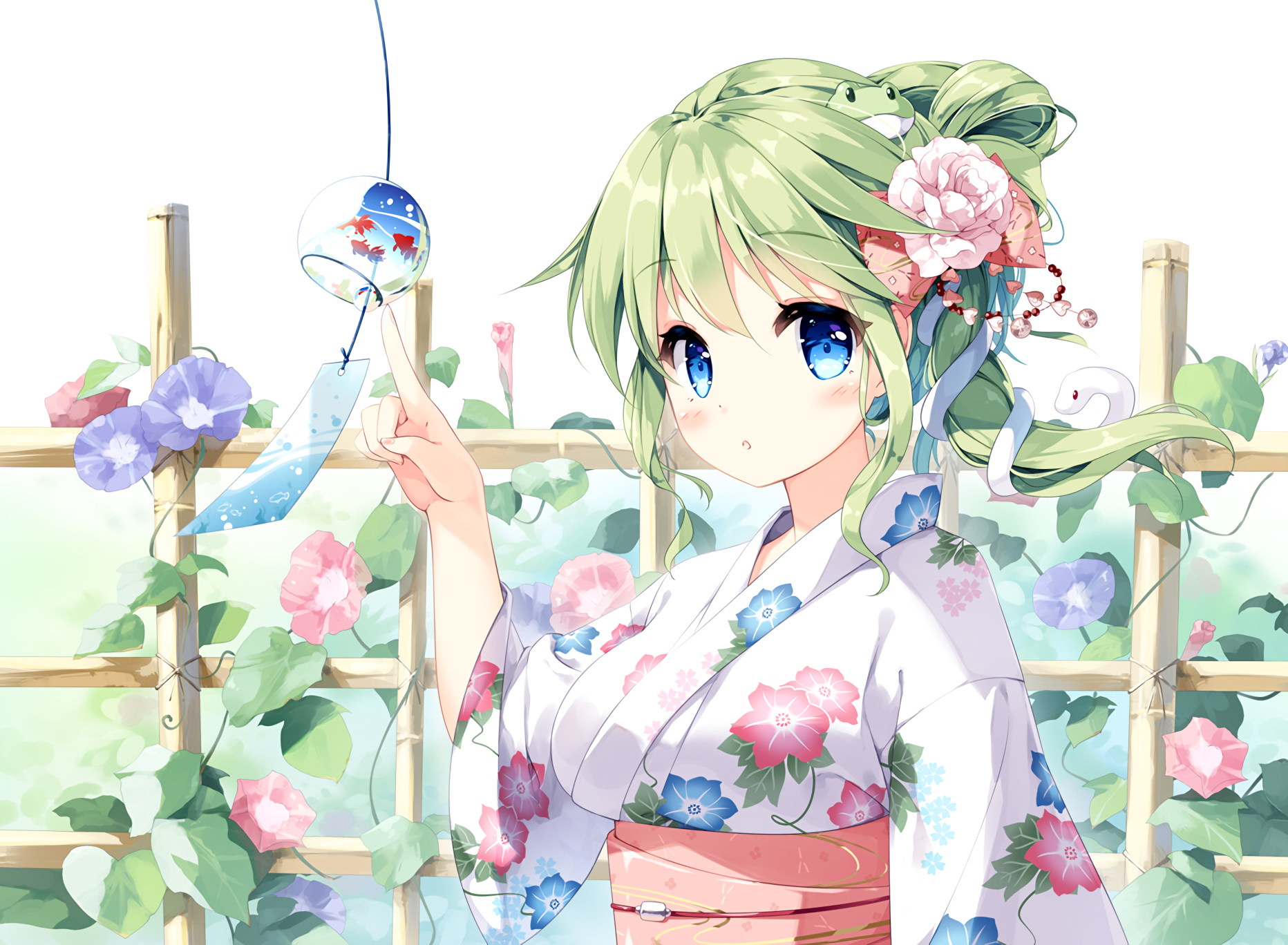 Sanae Kochiya (Touhou) in a floral yukata, holding a wind chime among pastel blossoms — anime HD PC desktop wallpaper/background.
