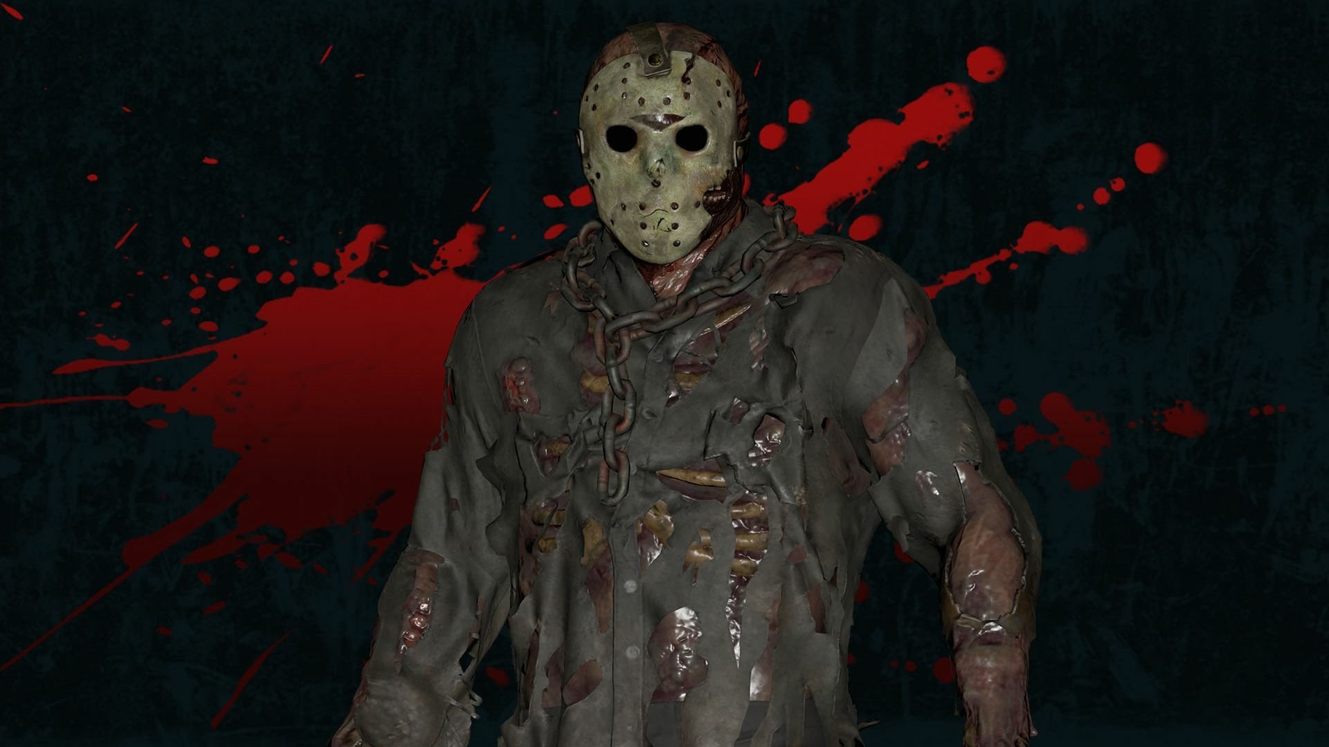 HD PC desktop wallpaper from Friday the 13th: The Game showing Jason Voorhees — masked, gore-splattered figure in torn clothing against a dark backdrop with red blood splatter.
