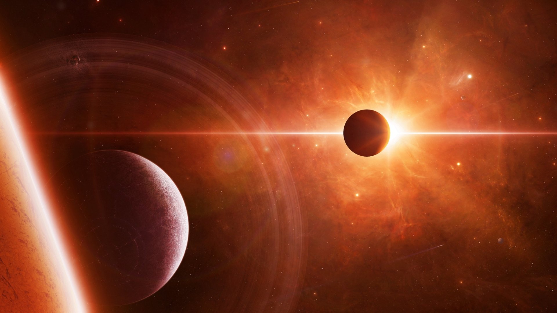 2K Quad HD PC desktop sci‑fi space wallpaper: a planet eclipses a glowing star as a second planet drifts by, orange nebula and lens flare illuminating the scene.