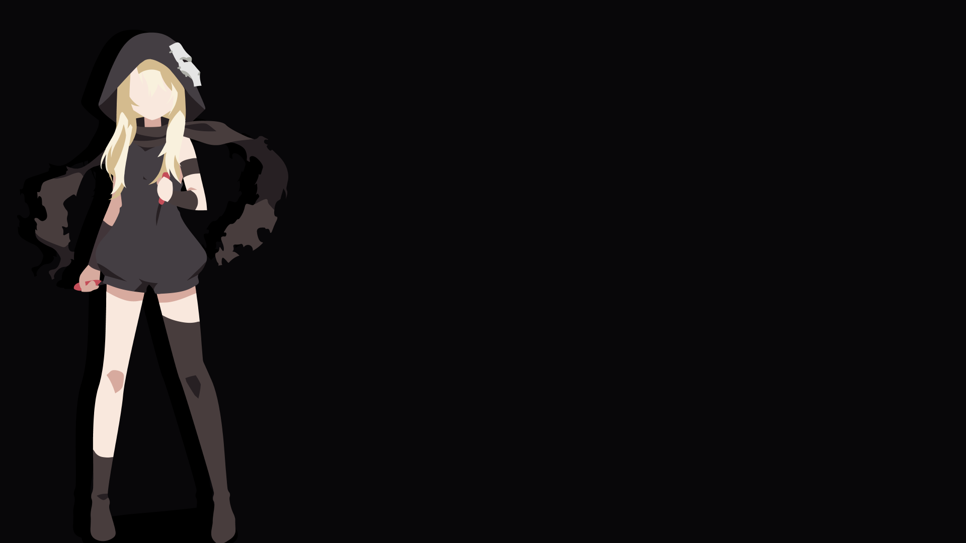 HD desktop wallpaper featuring a minimalist design of the character Illyasviel Von Einzbern, also known as Assassin, from Fate/kaleid liner Prisma Illya. She is shown with long blonde hair, a hood, scarf, and thigh-high socks.