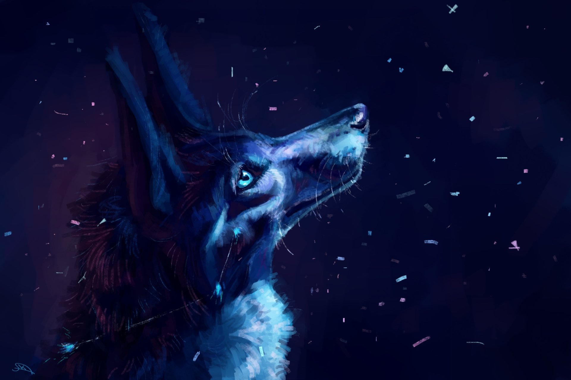 Fantasy-themed HD desktop wallpaper featuring a blue wolf gazing upward against a dark, starry background with glowing particles.