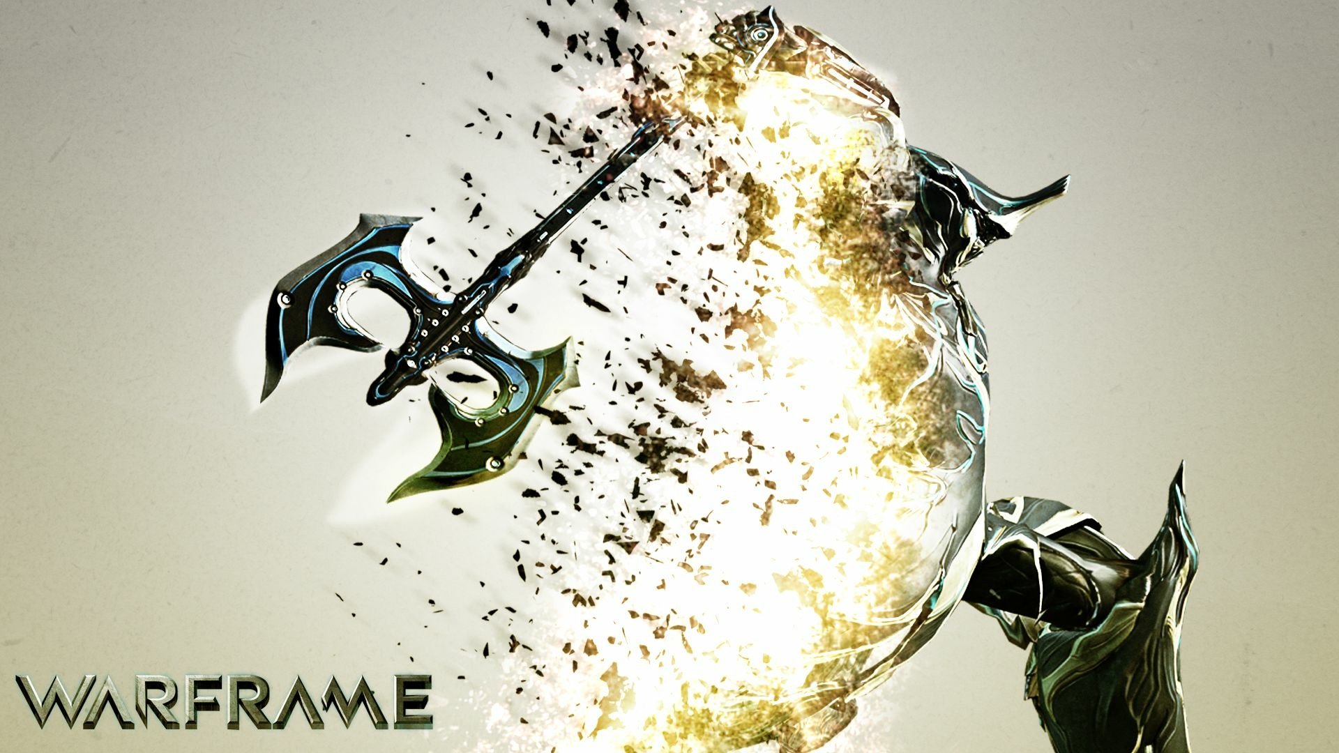 HD PC desktop wallpaper featuring a dynamic, disintegrating Warframe character wielding a glowing weapon, showcasing the video game's futuristic and intense aesthetic.