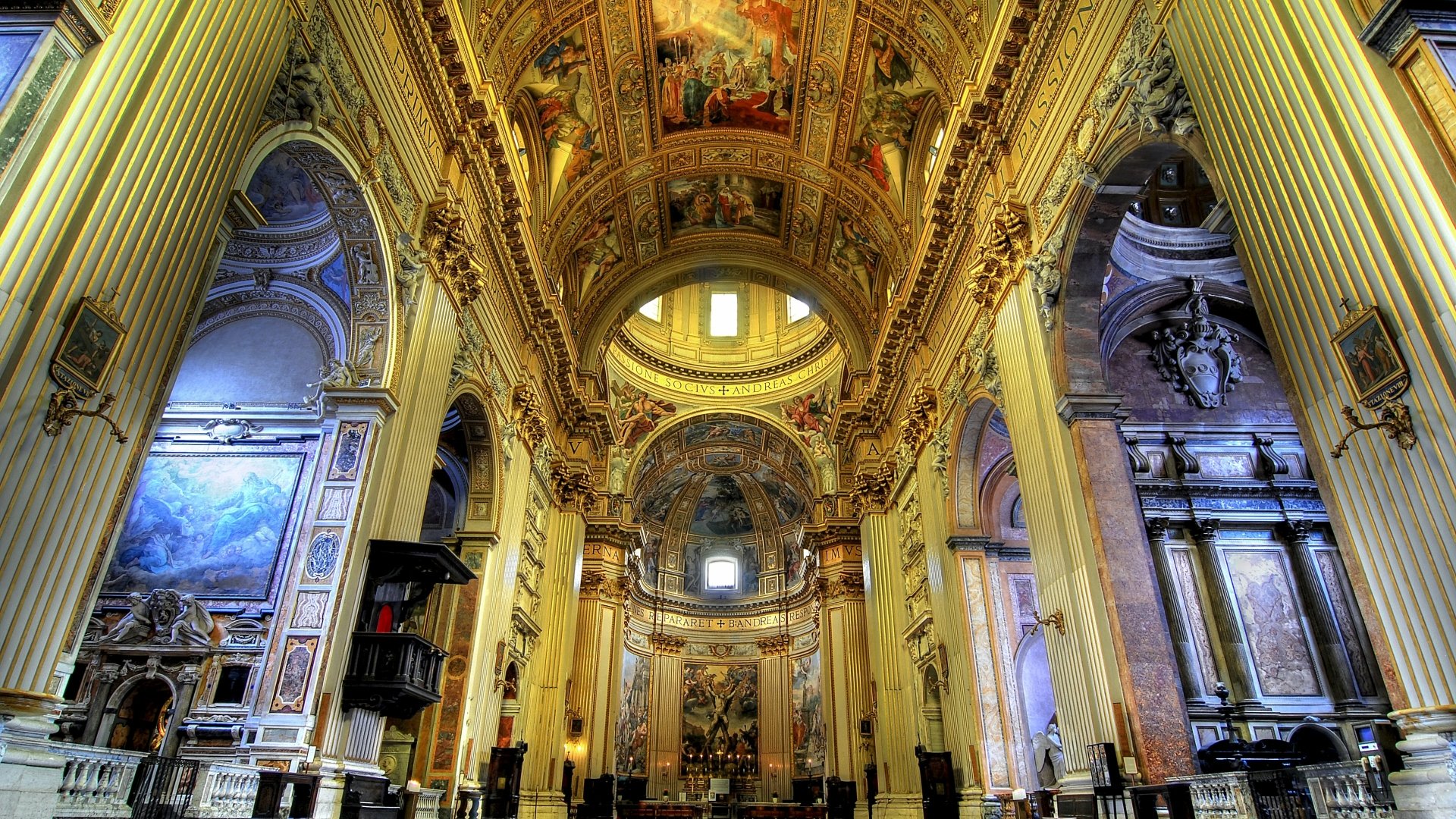 Interior view of Sant'Andrea della Valle in Rome, showcasing its ornate altar, intricate architecture, and grand arches in stunning 4K Ultra HD detail.