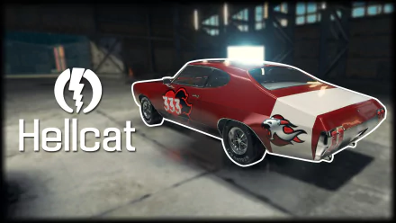 HD PC desktop wallpaper from the video game Car Mechanic Simulator 2018: red Hellcat muscle car with white stripe, number 333 and flame decals parked in a dim workshop.