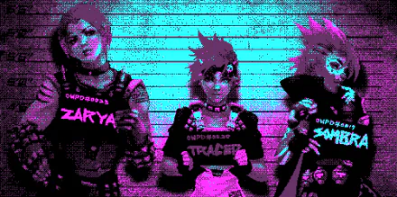HD PC desktop wallpaper featuring Overwatch characters Zarya, Tracer, and Sombra in a vibrant, glitch-style digital art design.