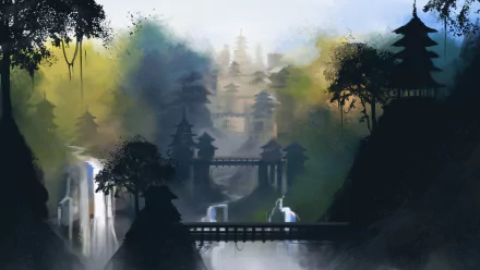 HD desktop wallpaper from the video game Shadow Tactics: Blades of the Shogun, featuring a misty, atmospheric Japanese landscape with traditional architecture and lush greenery.