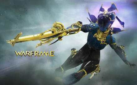 HD PC desktop wallpaper and background for the video game Warframe: a blue-and-gold Warframe drifting through mist while wielding a ornate golden rifle against a cloudy sci-fi backdrop.