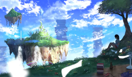 HD desktop wallpaper featuring an anime-style scene with a floating island, cascading waterfalls, rainbow, clouds, a cat, and books. A person reads under a tree in a serene, colorful sky setting.
