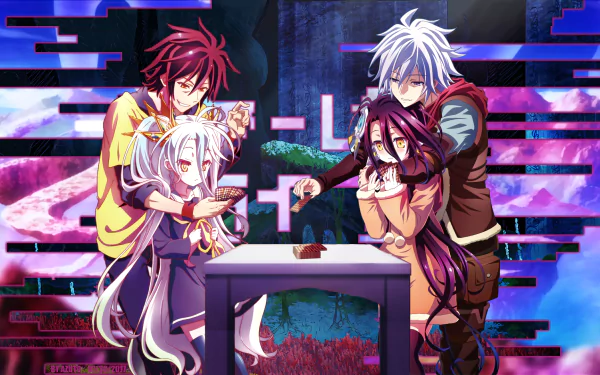 HD desktop wallpaper featuring characters Sora, Shiro, Riku Dola, and Shuvi Dola from No Game No Life: Zero, an anime with vibrant colors and detailed backgrounds.