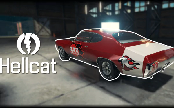 HD PC desktop wallpaper from the video game Car Mechanic Simulator 2018: red Hellcat muscle car with white stripe, number 333 and flame decals parked in a dim workshop.