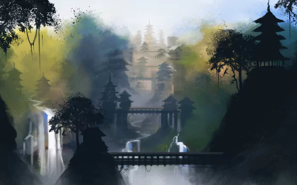 HD desktop wallpaper from the video game Shadow Tactics: Blades of the Shogun, featuring a misty, atmospheric Japanese landscape with traditional architecture and lush greenery.