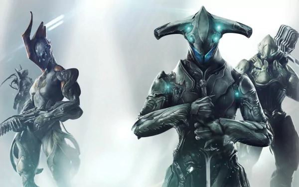 HD PC desktop wallpaper featuring three futuristic Warframe characters from the video game, set against a soft, glowing background.