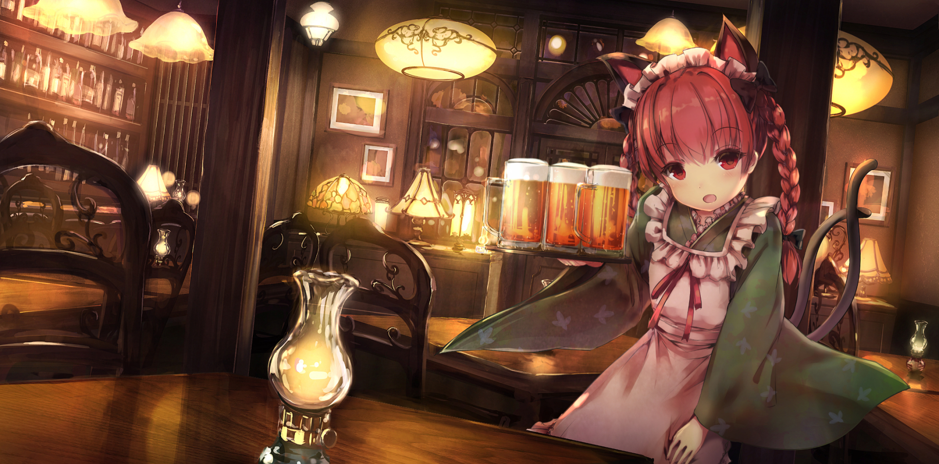 HD anime desktop wallpaper featuring Rin Kaenbyou from Touhou, depicted as a waitress in a warmly lit, cozy tavern setting.
