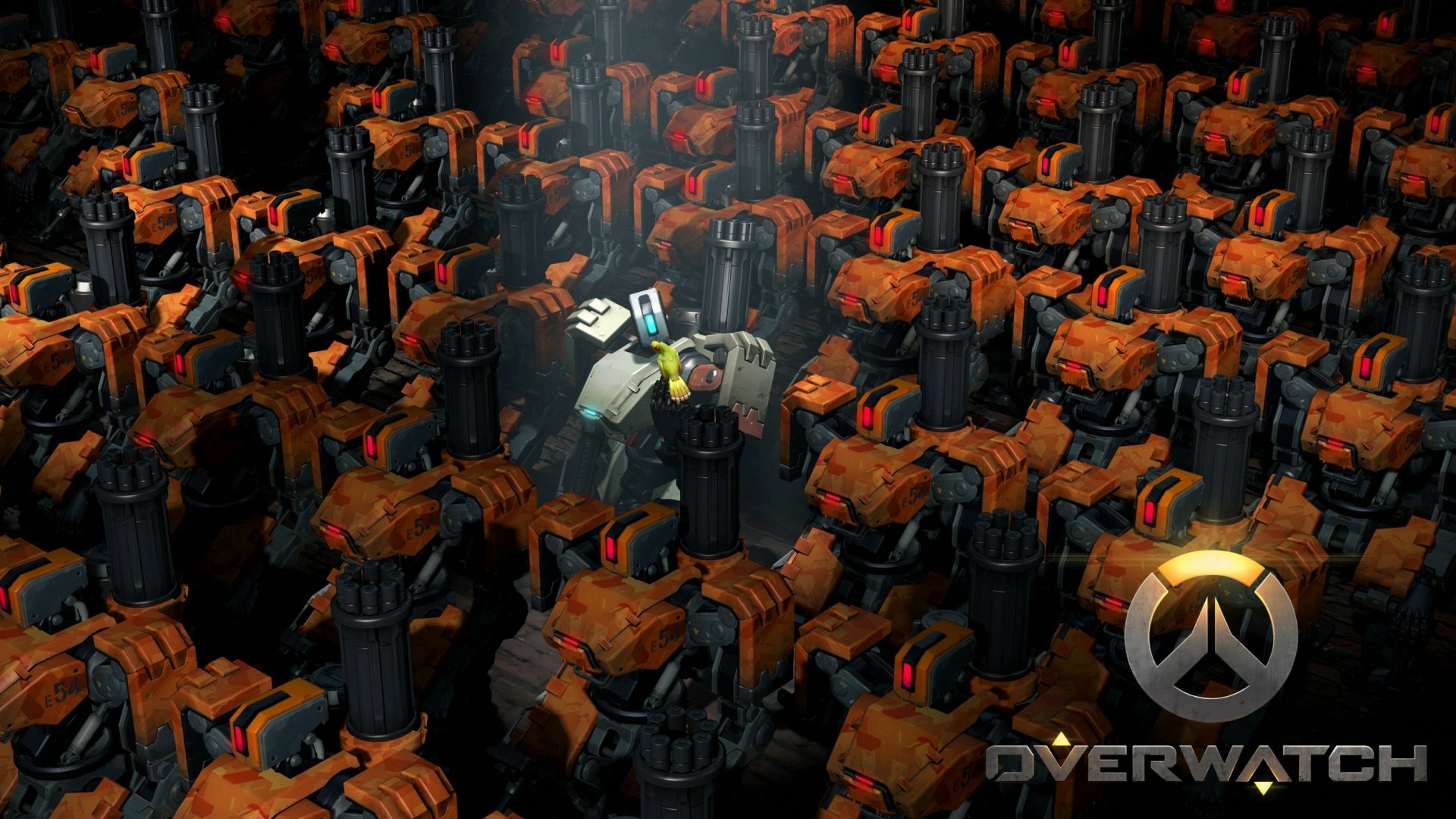 HD PC desktop wallpaper of Bastion (Overwatch) robot standing among rows of orange turrets in the video game Overwatch, Overwatch logo visible in the corner.