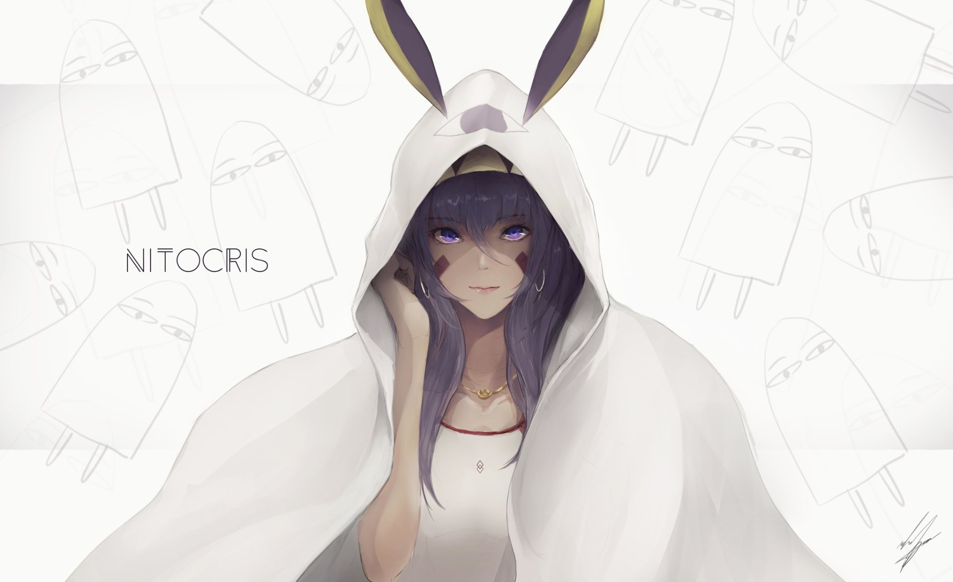HD PC desktop wallpaper featuring Nitocris from Fate/Grand Order in anime style, wearing a white hooded cloak with bunny ears against a light, sketchy background.