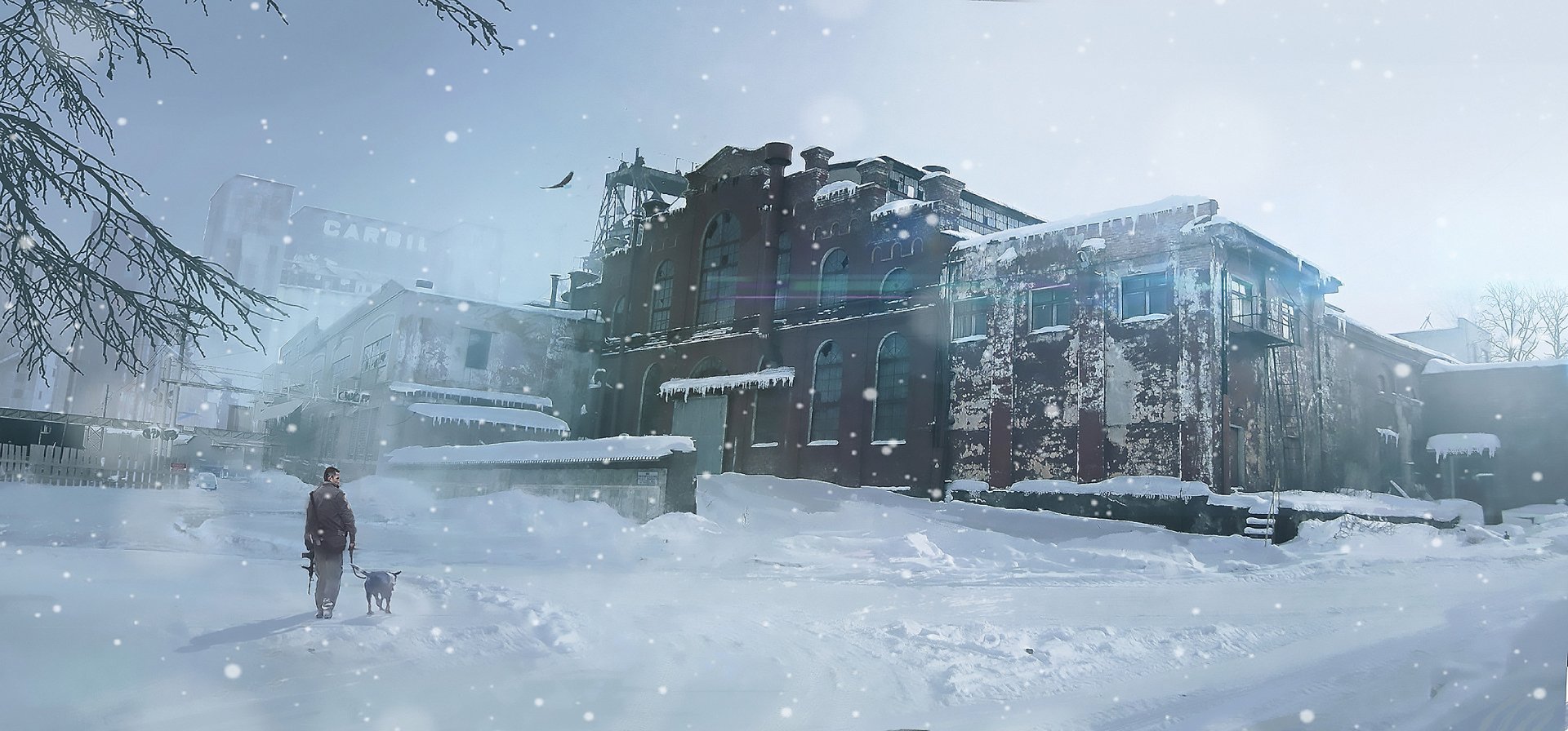 Fantasy landscape featuring a snowy, abandoned building with a lone figure and dog, captured in HD for a PC desktop wallpaper.