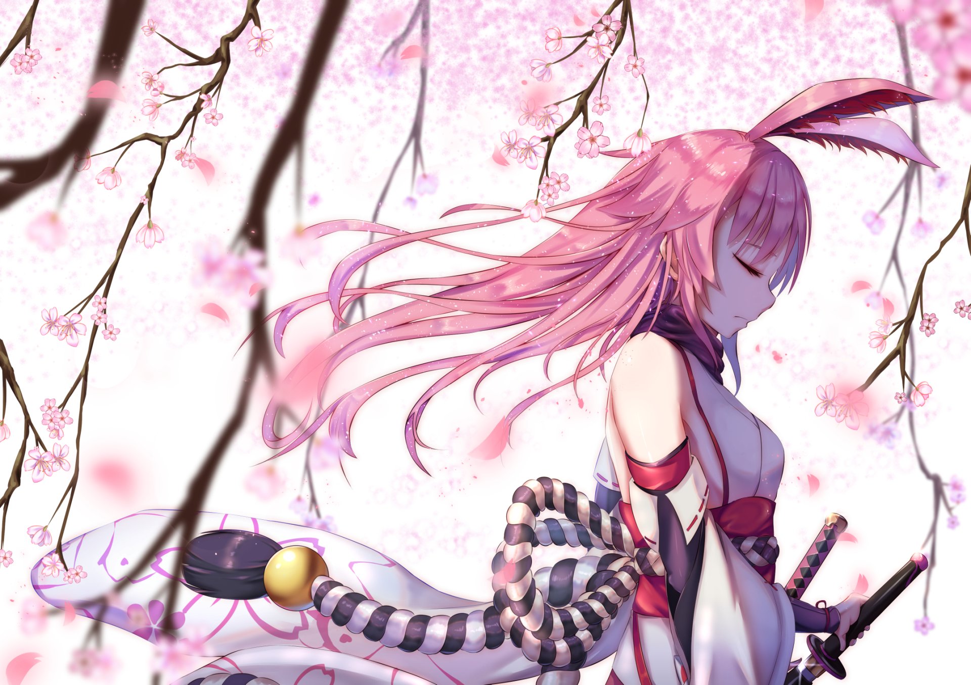 HD desktop wallpaper featuring Yae Sakura from Benghuai Xueyuan. The anime character is seen with flowing pink hair, surrounded by cherry blossoms in a serene, whimsical setting.