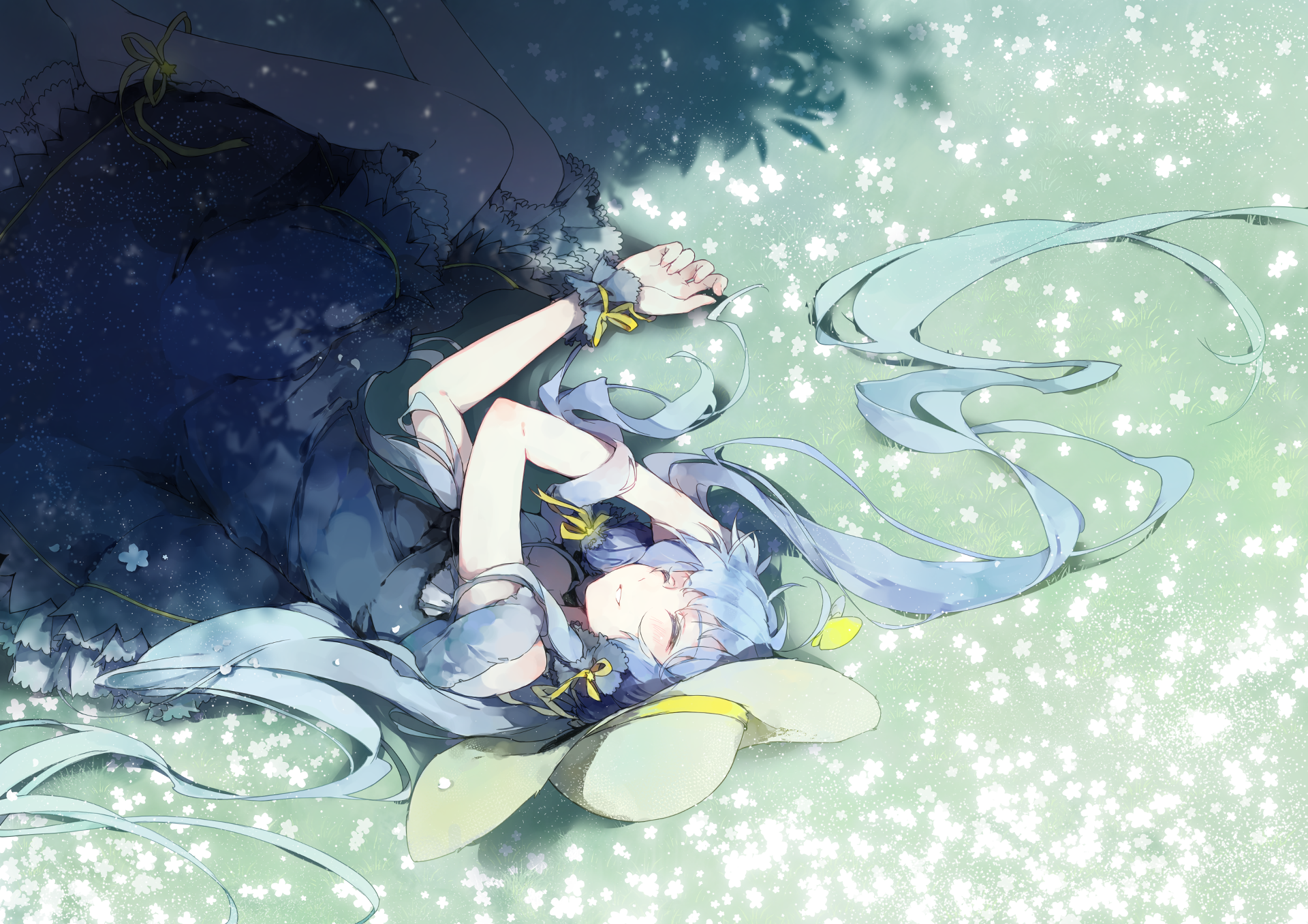 HD desktop wallpaper featuring Hatsune Miku from Vocaloid in an anime style, resting peacefully among a field of delicate white flowers.