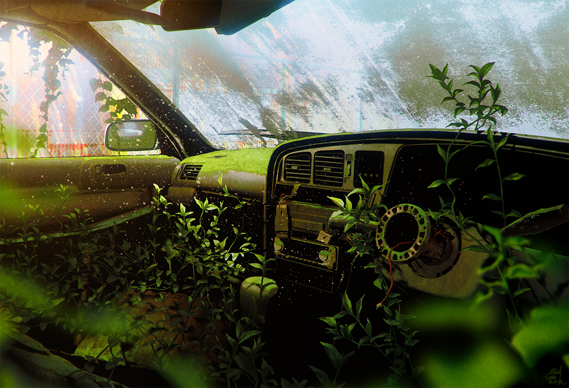 HD anime-style desktop wallpaper featuring an original car interior overgrown with lush green plants and soft sunlight filtering through the windows.