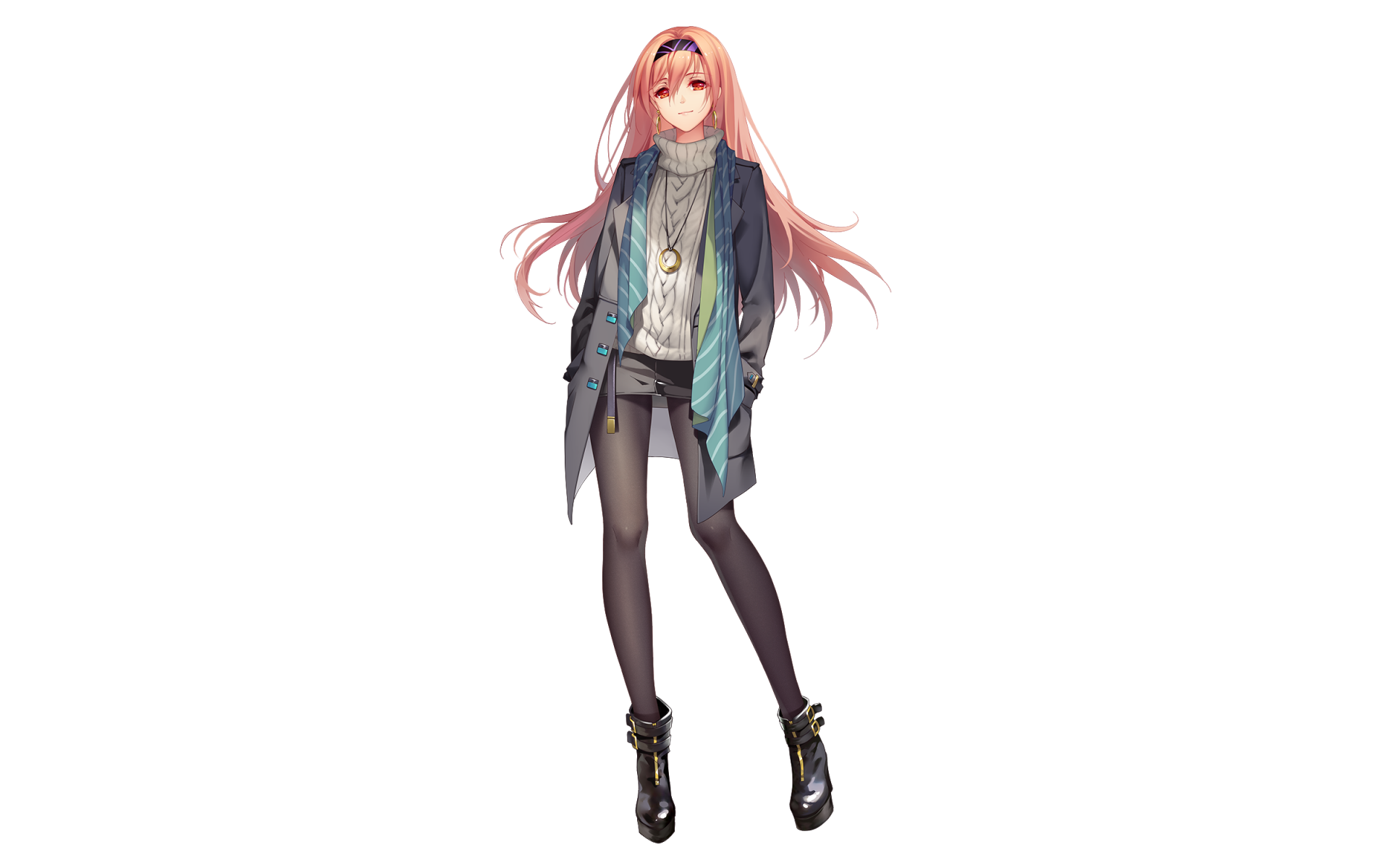 Anime-style character from Sangai Senki with long pink hair, wearing a layered outfit including a jacket, skirt, and tights, set against a white background for HD PC desktop wallpaper.