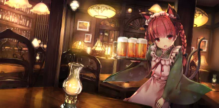 HD anime desktop wallpaper featuring Rin Kaenbyou from Touhou, depicted as a waitress in a warmly lit, cozy tavern setting.