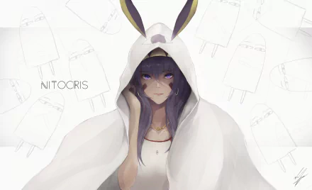 HD PC desktop wallpaper featuring Nitocris from Fate/Grand Order in anime style, wearing a white hooded cloak with bunny ears against a light, sketchy background.