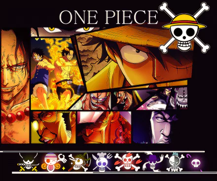 HD desktop wallpaper featuring Bartholomew Kuma, Donquixote Doflamingo, Monkey D. Luffy, Marshall D. Teach, Gekko Moriah, and Portgas D. Ace from the anime One Piece.