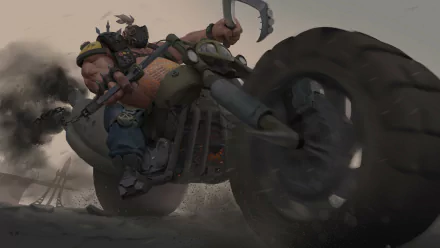 HD PC desktop wallpaper featuring Roadhog from the video game Overwatch, depicted riding a large motorcycle in a dusty, action-packed scene.