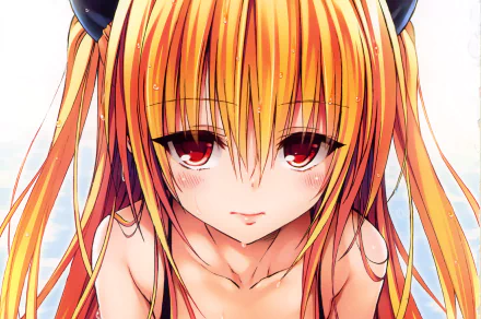 HD anime wallpaper featuring Golden Darkness from To Love-Ru with striking red eyes and long golden hair against a soft, bright background.