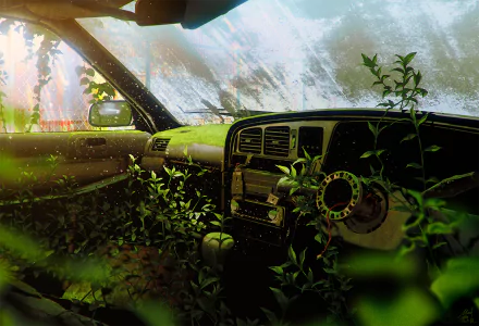 HD anime-style desktop wallpaper featuring an original car interior overgrown with lush green plants and soft sunlight filtering through the windows.